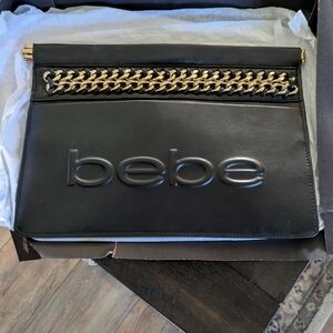 Black BEBE Clutch Purse With Gold Accent Chain
